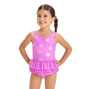 Cat & Jack Girls Pink Silver Seashell Tutu One Piece Swimsuit UPF 50+ Size 5T